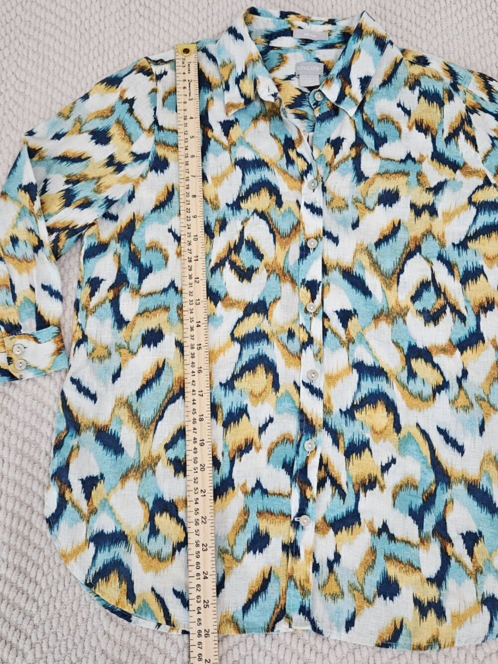 Chico's 100% Linen Button Up Shirt Teal Navy Print 3/4 Sleeve Size 1 (US 8) - Picture 3 of 9